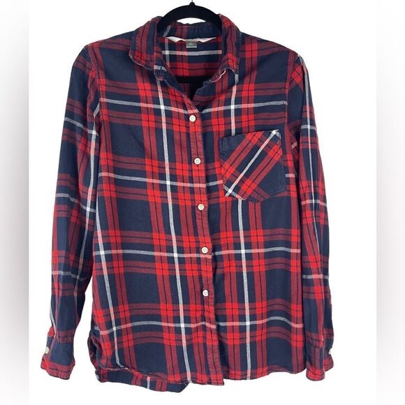 Old Navy red blue flannel classic button down plaid shirt sz M 100% cotton - Picture 2 of 11
